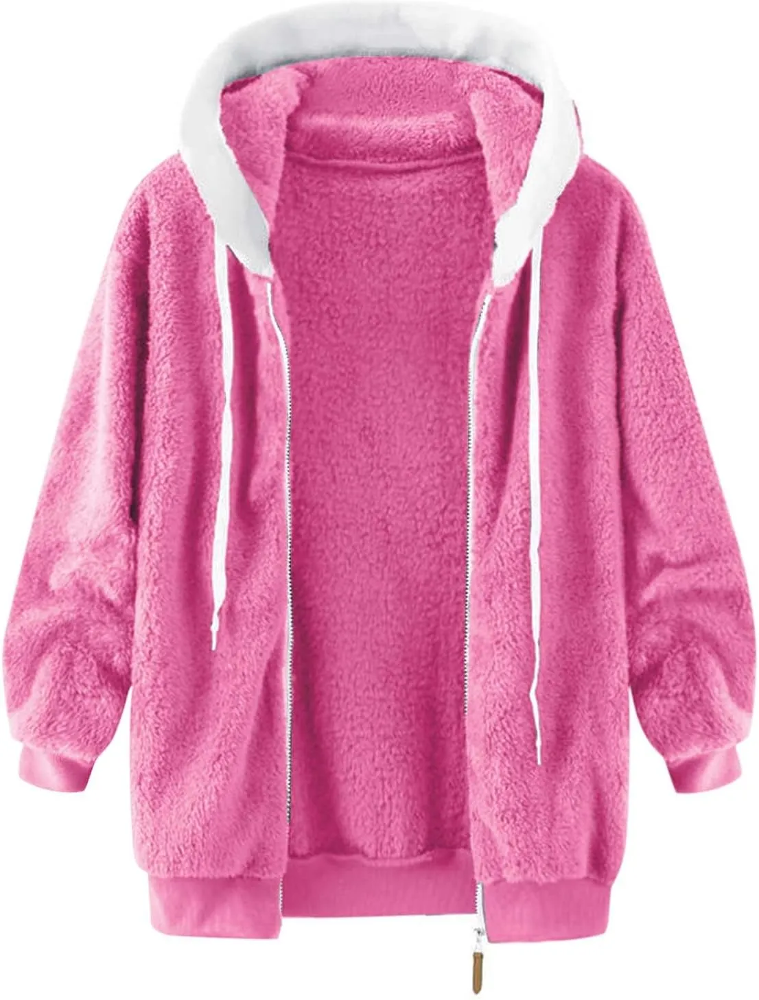 Fleece Jacket Womens Plus Size Loose Fuzzy Jacket Colorblock Plush Zip Up Hoodies Casual Faux Fur Jacket Outerwear