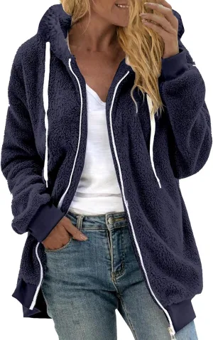 Fleece Jacket Womens Plus Size Loose Fuzzy Jacket Colorblock Plush Zip Up Hoodies Casual Faux Fur Jacket Outerwear