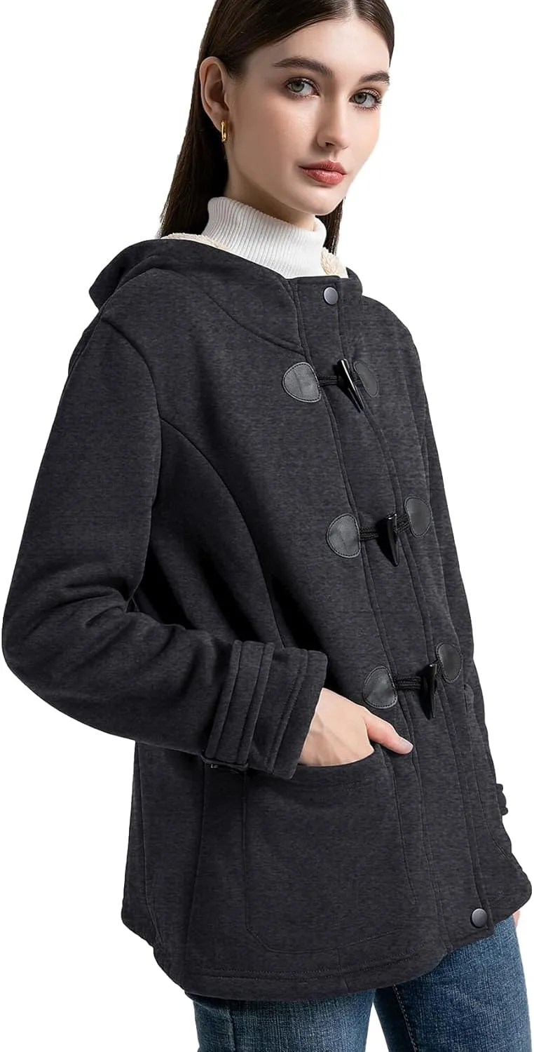 Flygo Sherpa Lined Winter Jackets for Women Fleece Hoodie Jacket Warm Fall Winter Toggle Duffle Coats