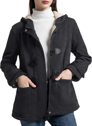 Flygo Sherpa Lined Winter Jackets for Women Fleece Hoodie Jacket Warm Fall Winter Toggle Duffle Coats