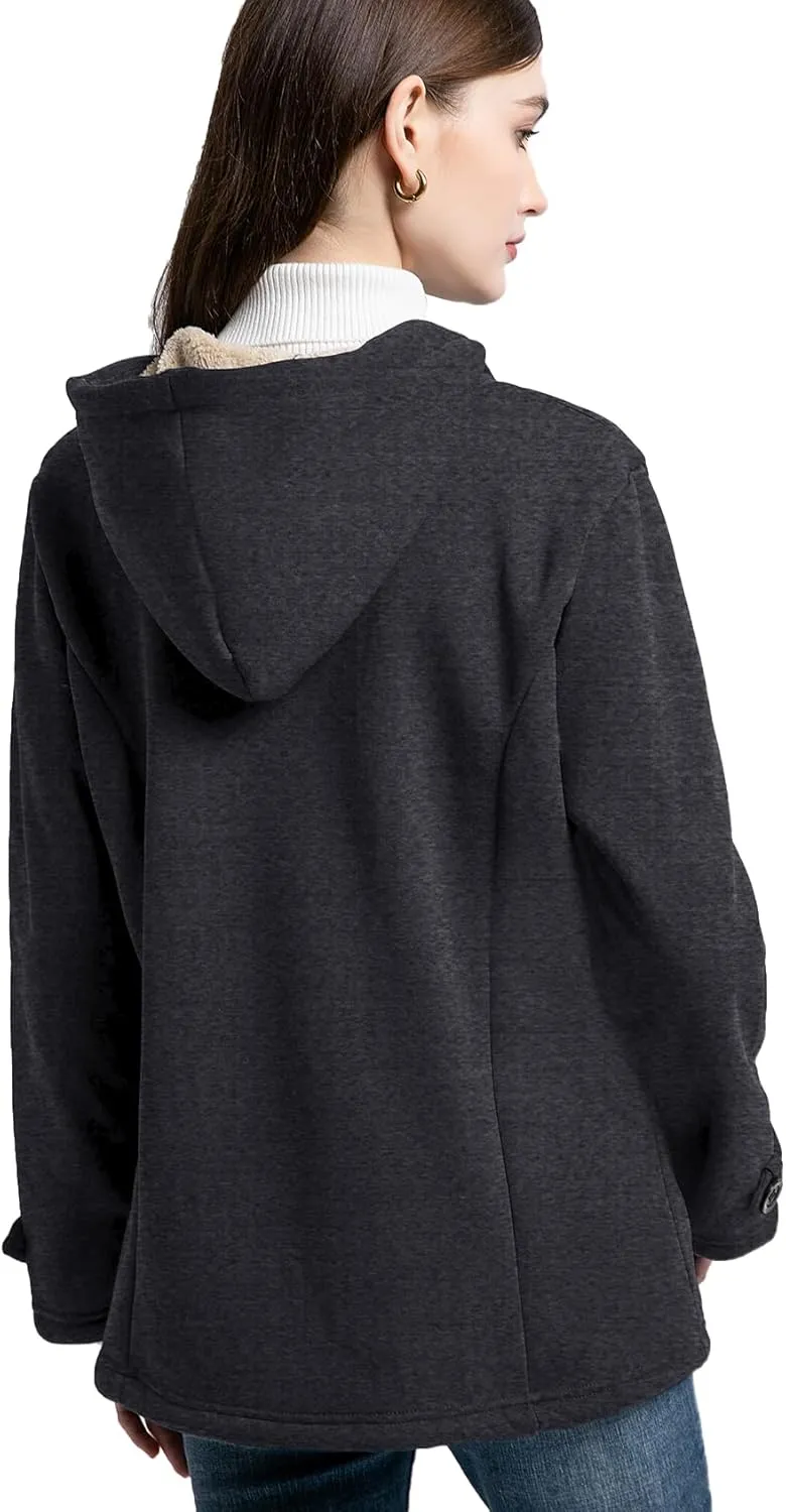 Flygo Sherpa Lined Winter Jackets for Women Fleece Hoodie Jacket Warm Fall Winter Toggle Duffle Coats