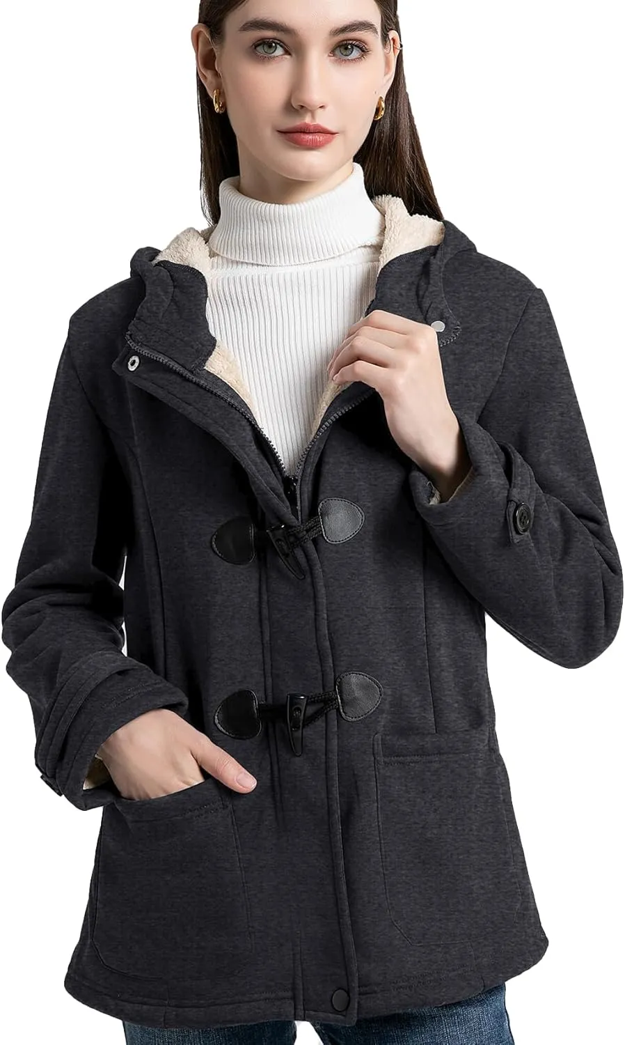 Flygo Sherpa Lined Winter Jackets for Women Fleece Hoodie Jacket Warm Fall Winter Toggle Duffle Coats