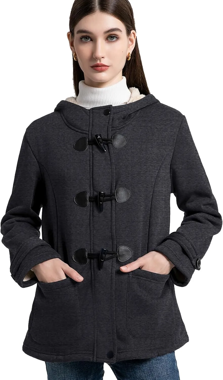 Flygo Sherpa Lined Winter Jackets for Women Fleece Hoodie Jacket Warm Fall Winter Toggle Duffle Coats