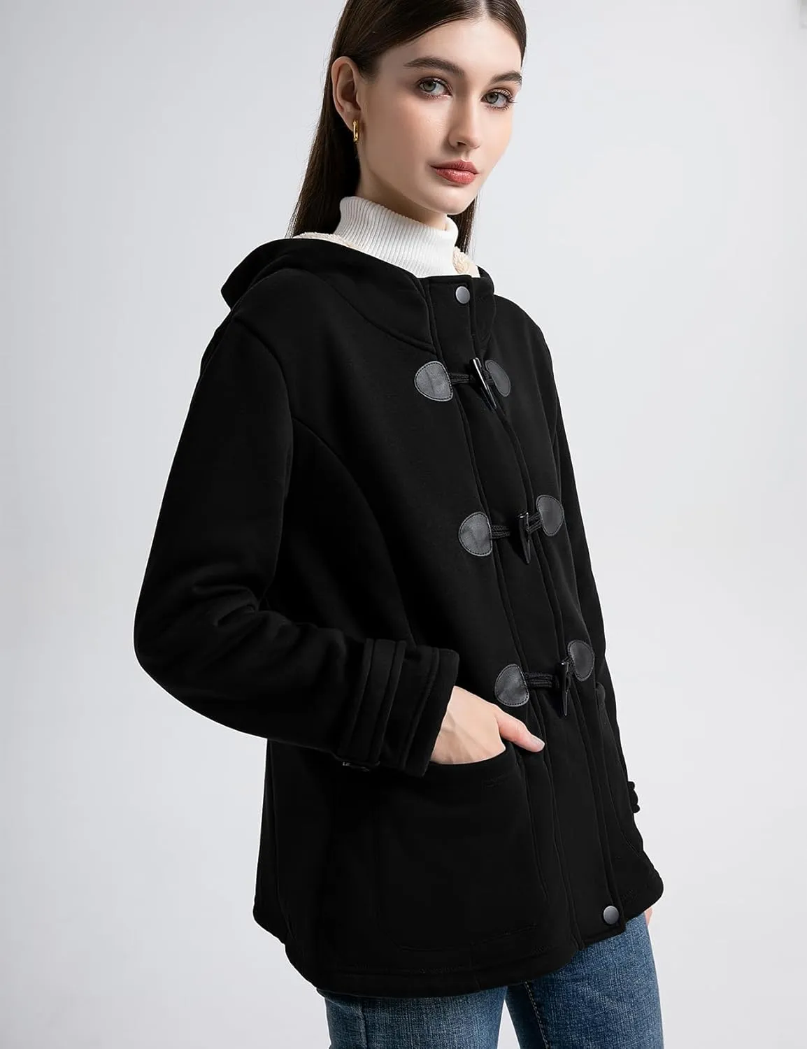 Flygo Sherpa Lined Winter Jackets for Women Fleece Hoodie Jacket Warm Fall Winter Toggle Duffle Coats