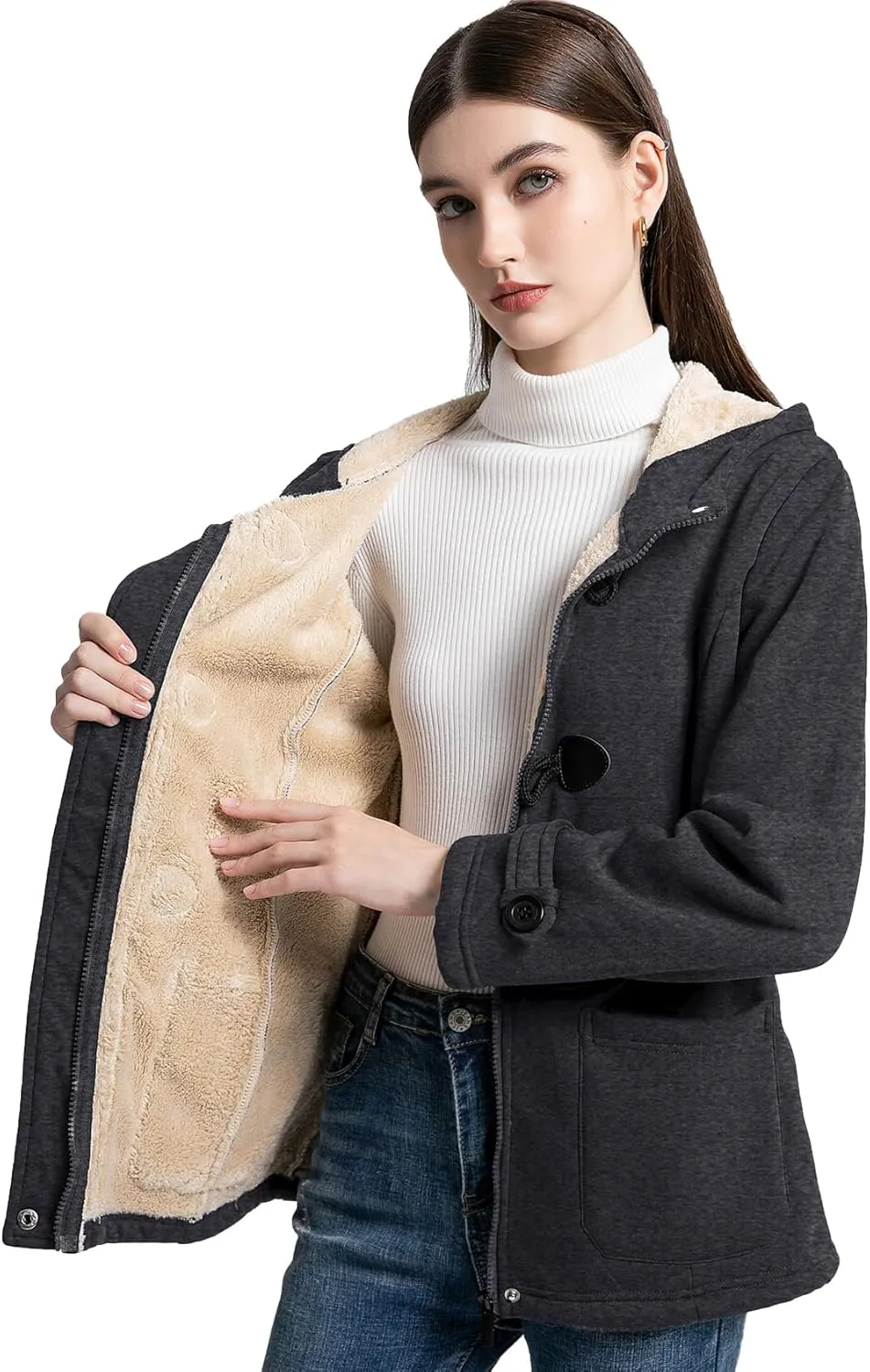 Flygo Sherpa Lined Winter Jackets for Women Fleece Hoodie Jacket Warm Fall Winter Toggle Duffle Coats
