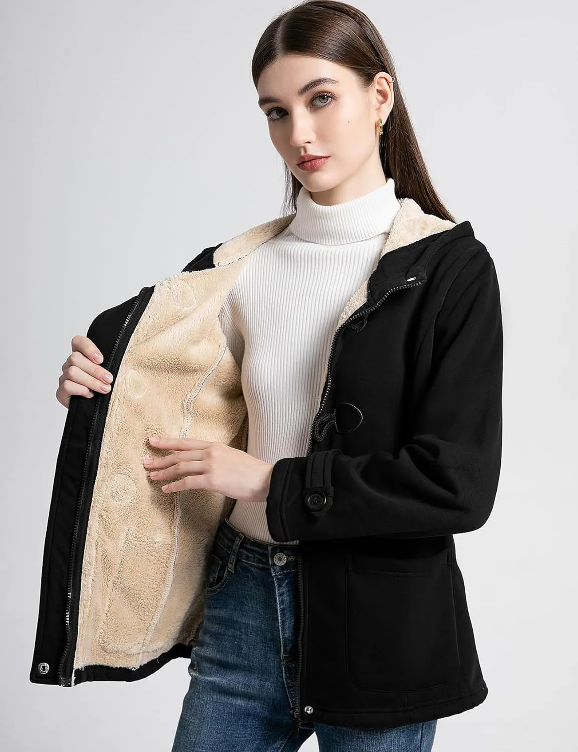 Flygo Sherpa Lined Winter Jackets for Women Fleece Hoodie Jacket Warm Fall Winter Toggle Duffle Coats