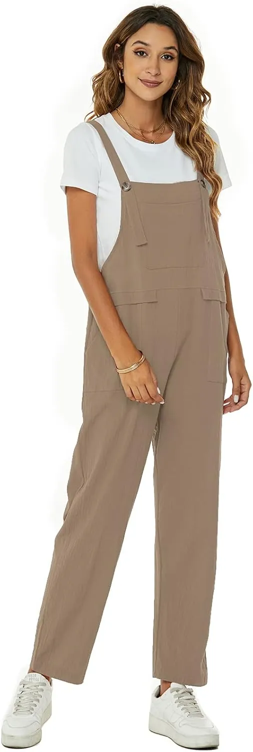 Flygo Womens Overalls Cotton Linen Overalls for Women Loose Fit Harem Wide Leg Jumpsuit with Pockets