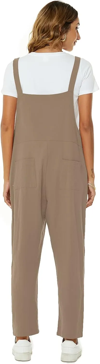 Flygo Womens Overalls Cotton Linen Overalls for Women Loose Fit Harem Wide Leg Jumpsuit with Pockets