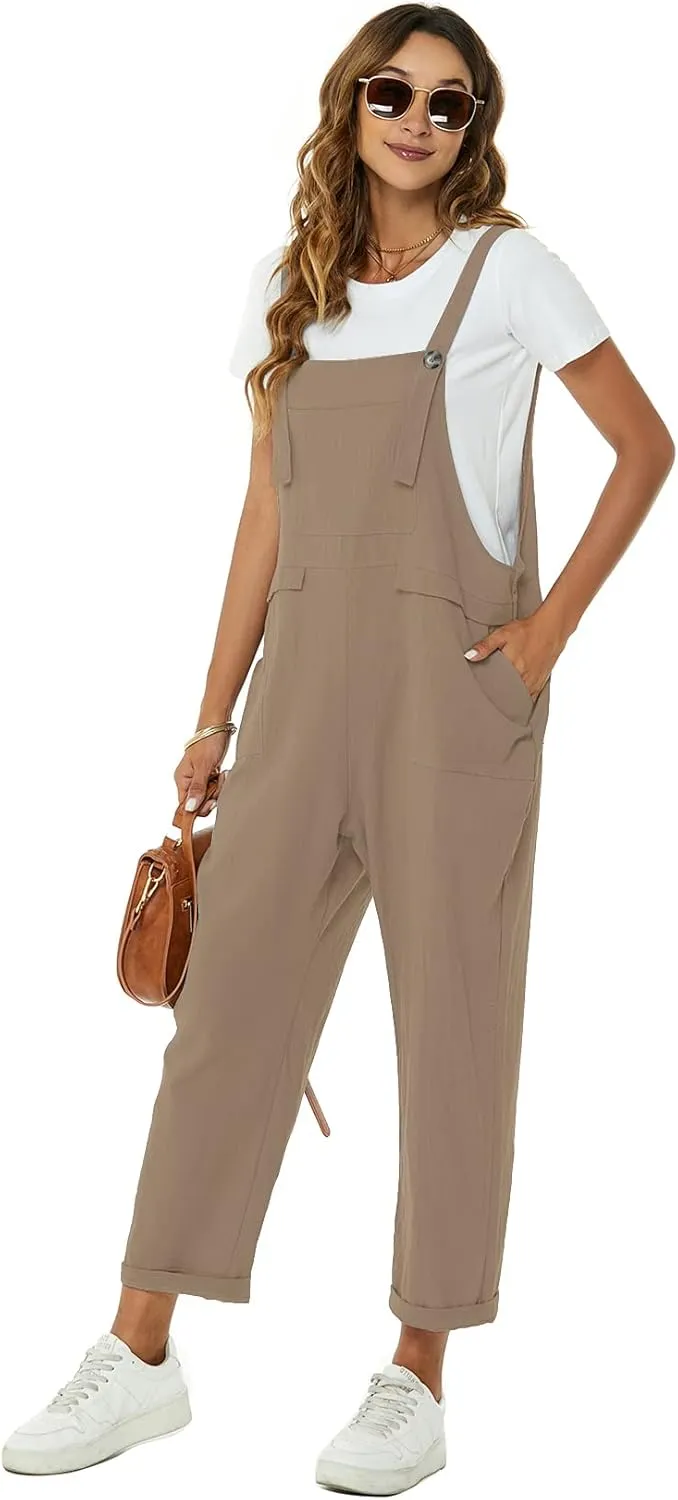 Flygo Womens Overalls Cotton Linen Overalls for Women Loose Fit Harem Wide Leg Jumpsuit with Pockets