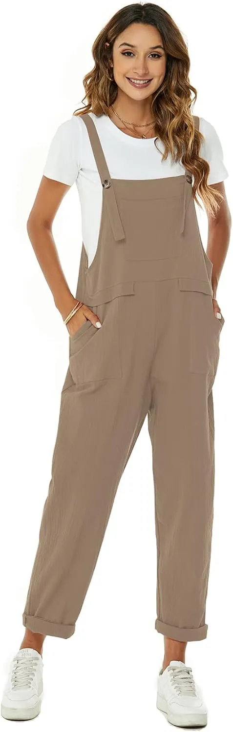 Flygo Womens Overalls Cotton Linen Overalls for Women Loose Fit Harem Wide Leg Jumpsuit with Pockets