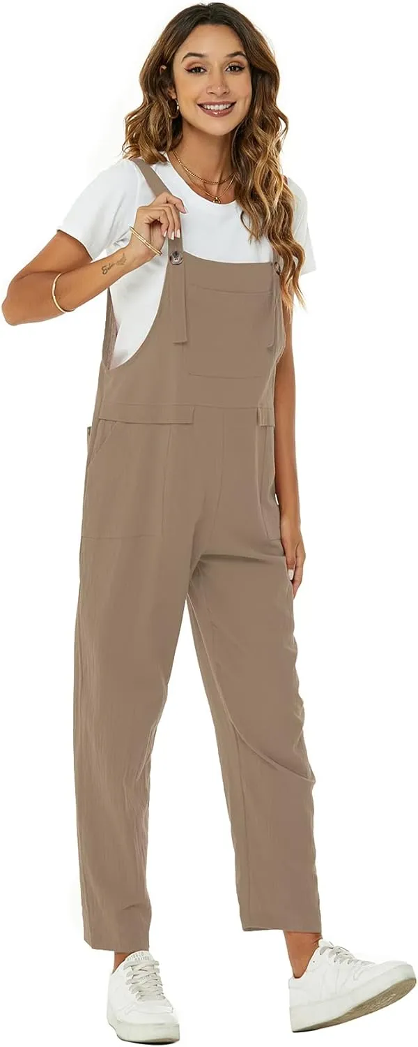 Flygo Womens Overalls Cotton Linen Overalls for Women Loose Fit Harem Wide Leg Jumpsuit with Pockets