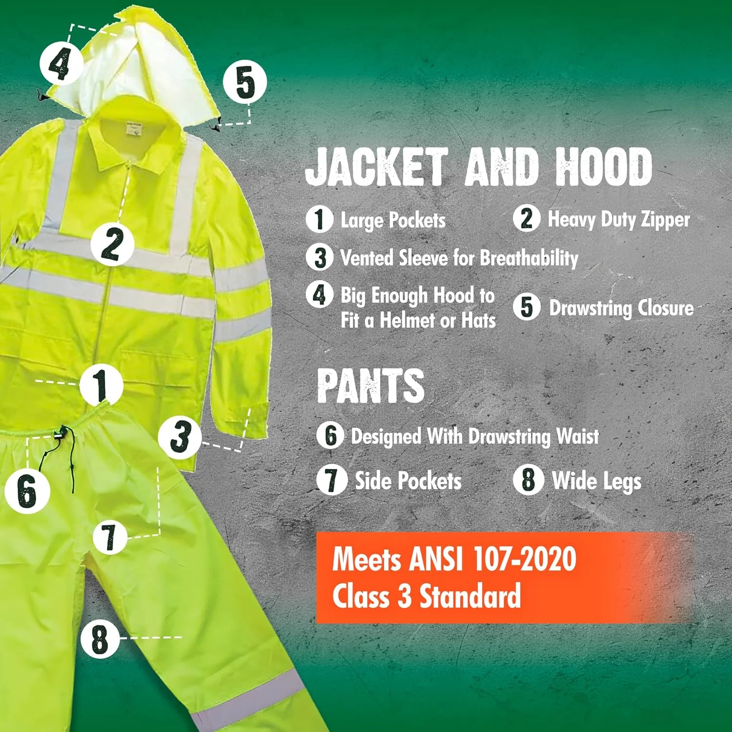 FORESTER Class 3 Hi-Vis Rain Suit - Waterproof Rain Jacket & Pants | Heavy Duty Rain Gear for Men and Women | Lightweight, Reflective Material | XX-Large