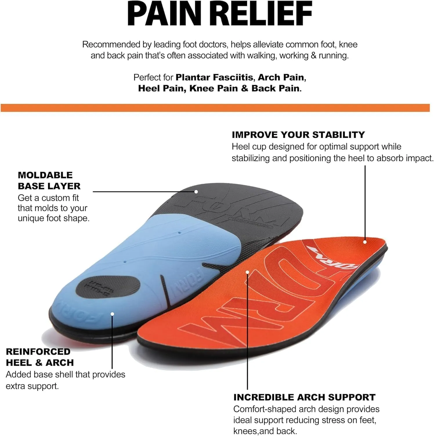 Form 220  lbs Plantar Fasciitis Insoles – Reinforced Comfort Shaped High Arch Insoles Shoe Inserts for Plantar Fasciitis Women and Men – Shock Absorption - Flat Feet Orthotic Inserts for Work Boots