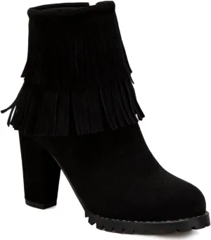 FOWT Women’s Synthetic Suede Elegant Double Fringe Almond Toe Solid Ankle Boots Dressy Anti-slip Block 3 IN Heel Zip up Booties Fall Comfort Street Office Business Short Shoes, Beige US Size 4-15 M