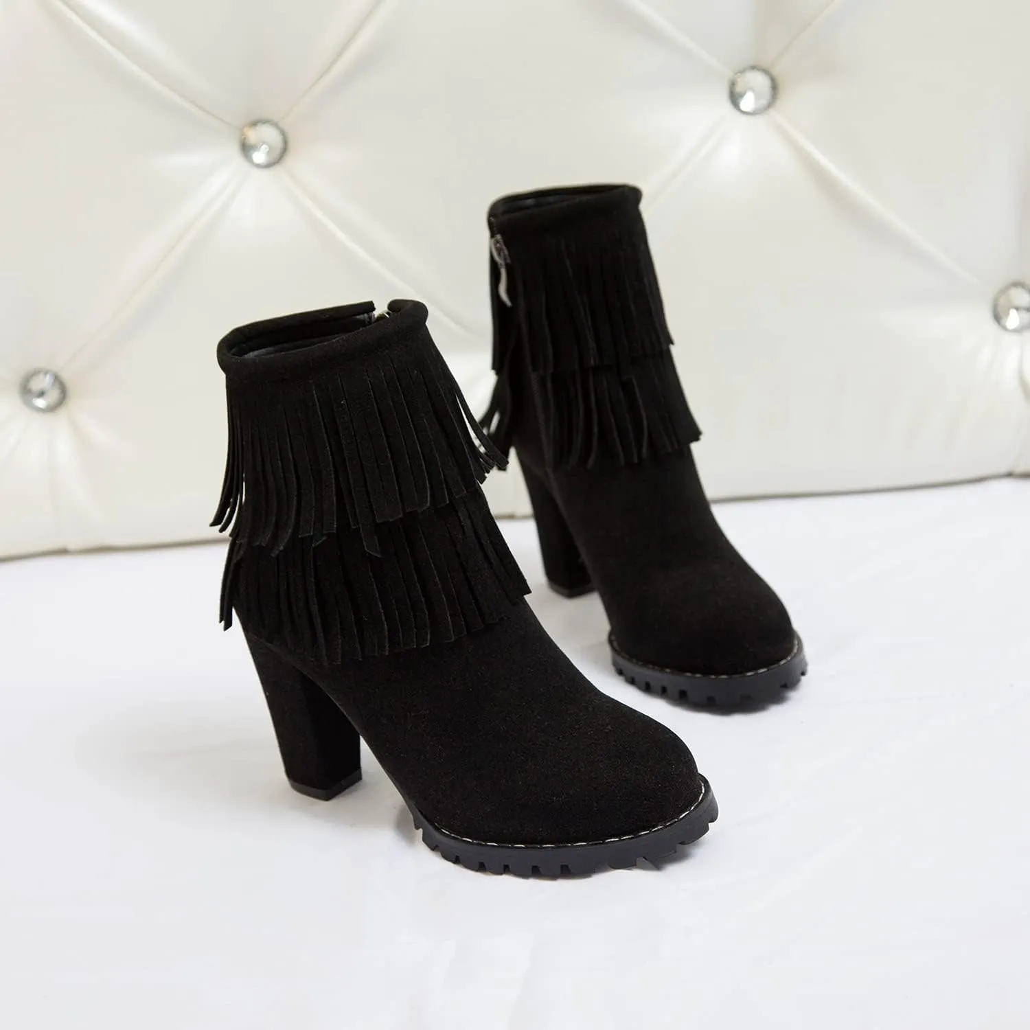 FOWT Women’s Synthetic Suede Elegant Double Fringe Almond Toe Solid Ankle Boots Dressy Anti-slip Block 3 IN Heel Zip up Booties Fall Comfort Street Office Business Short Shoes, Beige US Size 4-15 M