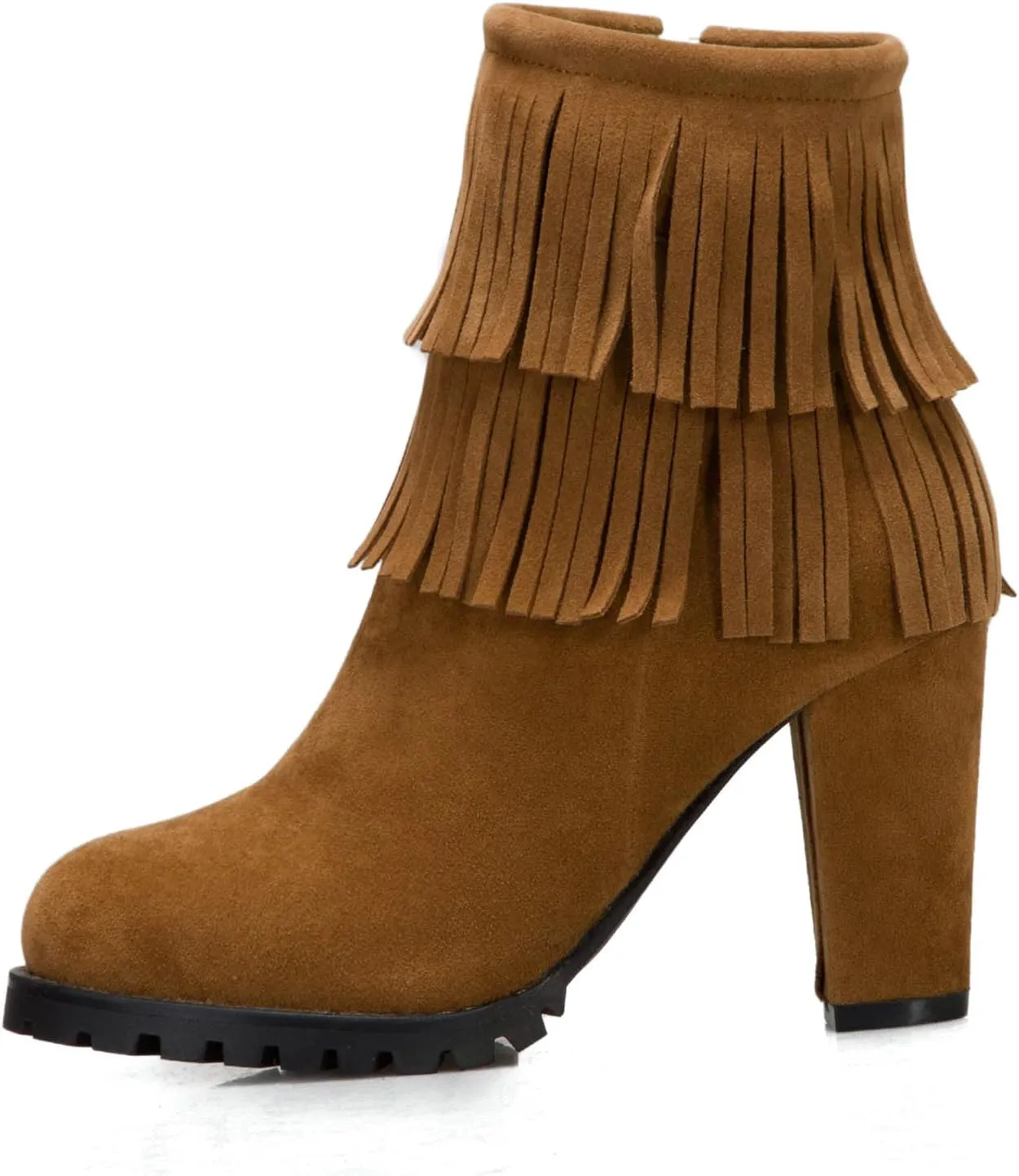 FOWT Women’s Synthetic Suede Elegant Double Fringe Almond Toe Solid Ankle Boots Dressy Anti-slip Block 3 IN Heel Zip up Booties Fall Comfort Street Office Business Short Shoes, Beige US Size 4-15 M