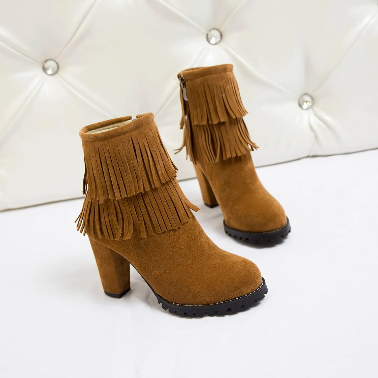 FOWT Women’s Synthetic Suede Elegant Double Fringe Almond Toe Solid Ankle Boots Dressy Anti-slip Block 3 IN Heel Zip up Booties Fall Comfort Street Office Business Short Shoes, Beige US Size 4-15 M