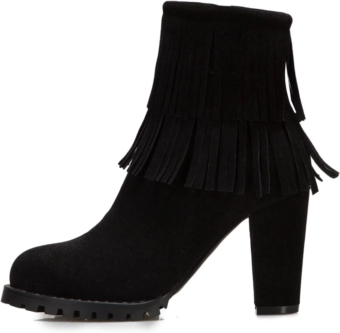 FOWT Women’s Synthetic Suede Elegant Double Fringe Almond Toe Solid Ankle Boots Dressy Anti-slip Block 3 IN Heel Zip up Booties Fall Comfort Street Office Business Short Shoes, Beige US Size 4-15 M