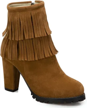 FOWT Women’s Synthetic Suede Elegant Double Fringe Almond Toe Solid Ankle Boots Dressy Anti-slip Block 3 IN Heel Zip up Booties Fall Comfort Street Office Business Short Shoes, Beige US Size 4-15 M