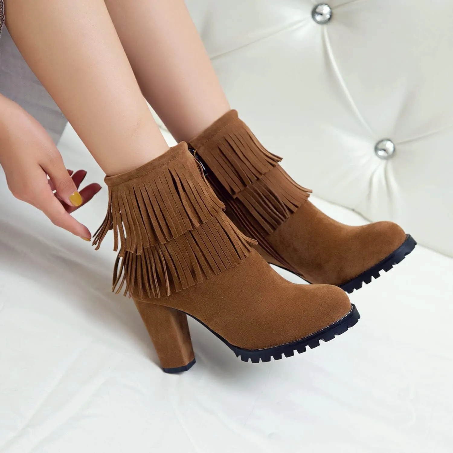 FOWT Women’s Synthetic Suede Elegant Double Fringe Almond Toe Solid Ankle Boots Dressy Anti-slip Block 3 IN Heel Zip up Booties Fall Comfort Street Office Business Short Shoes, Beige US Size 4-15 M