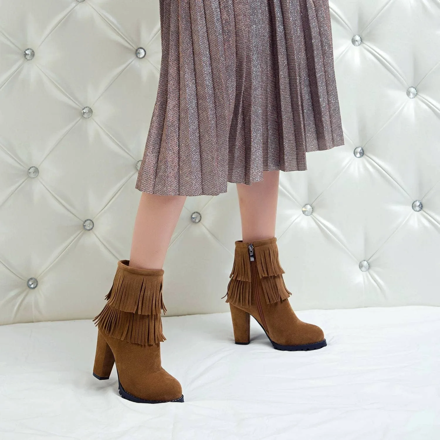 FOWT Women’s Synthetic Suede Elegant Double Fringe Almond Toe Solid Ankle Boots Dressy Anti-slip Block 3 IN Heel Zip up Booties Fall Comfort Street Office Business Short Shoes, Beige US Size 4-15 M