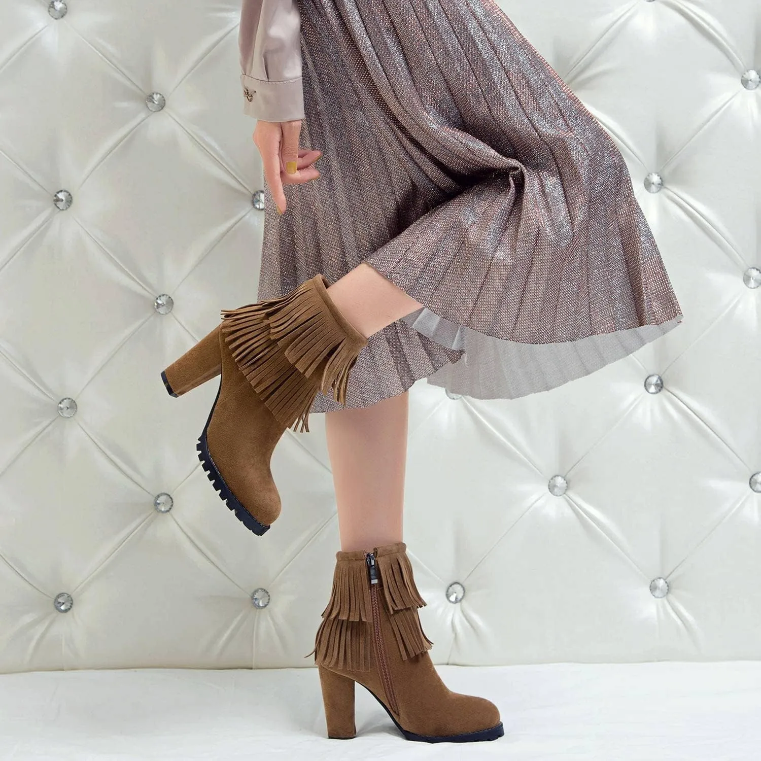 FOWT Women’s Synthetic Suede Elegant Double Fringe Almond Toe Solid Ankle Boots Dressy Anti-slip Block 3 IN Heel Zip up Booties Fall Comfort Street Office Business Short Shoes, Beige US Size 4-15 M