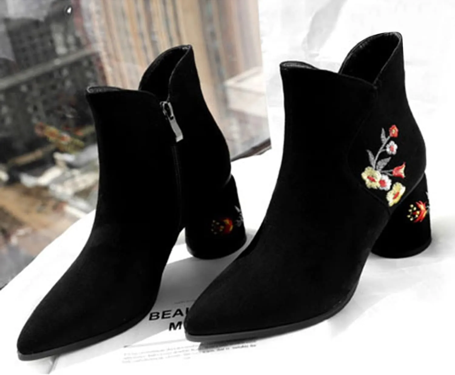 FOWT Women's Synthetic Suede Elegant Embroidered Pointed Toe Solid Ankle Boots Dressy Block 3 IN Heel Zip up Booties Fall Comfort Street Show Folk Style Short Shoes, Black US Size 4-15 M