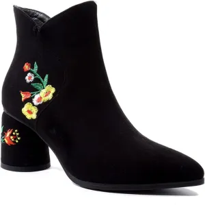 FOWT Women's Synthetic Suede Elegant Embroidered Pointed Toe Solid Ankle Boots Dressy Block 3 IN Heel Zip up Booties Fall Comfort Street Show Folk Style Short Shoes, Black US Size 4-15 M