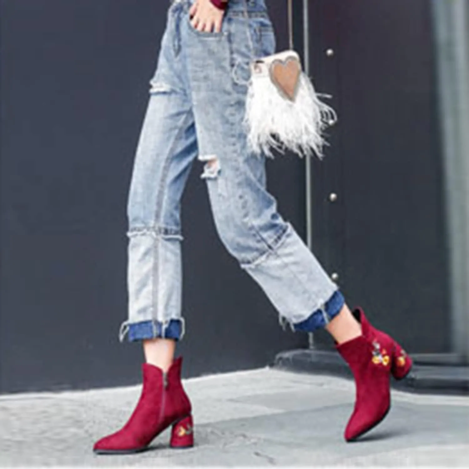 FOWT Women's Synthetic Suede Elegant Embroidered Pointed Toe Solid Ankle Boots Dressy Block 3 IN Heel Zip up Booties Fall Comfort Street Show Folk Style Short Shoes, Black US Size 4-15 M