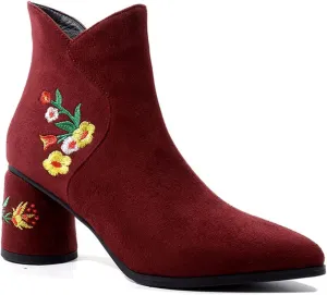FOWT Women's Synthetic Suede Elegant Embroidered Pointed Toe Solid Ankle Boots Dressy Block 3 IN Heel Zip up Booties Fall Comfort Street Show Folk Style Short Shoes, Black US Size 4-15 M