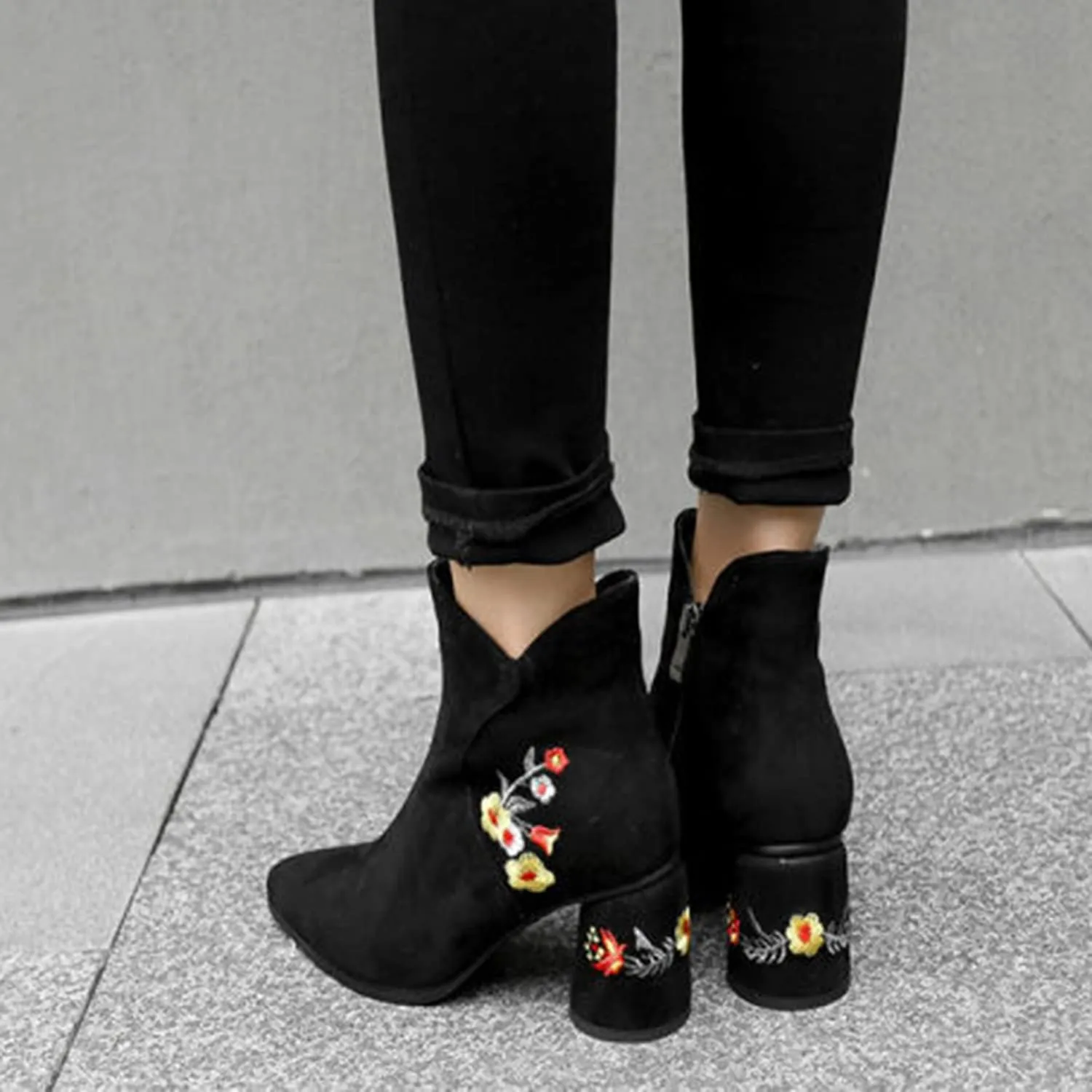 FOWT Women's Synthetic Suede Elegant Embroidered Pointed Toe Solid Ankle Boots Dressy Block 3 IN Heel Zip up Booties Fall Comfort Street Show Folk Style Short Shoes, Black US Size 4-15 M