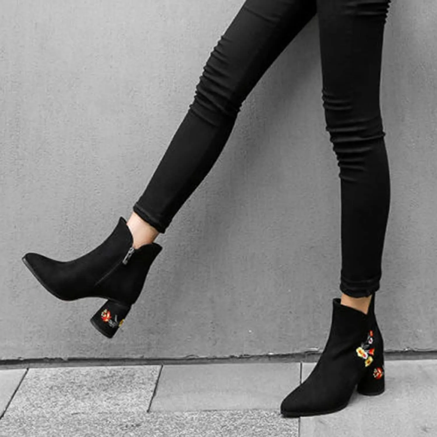FOWT Women's Synthetic Suede Elegant Embroidered Pointed Toe Solid Ankle Boots Dressy Block 3 IN Heel Zip up Booties Fall Comfort Street Show Folk Style Short Shoes, Black US Size 4-15 M