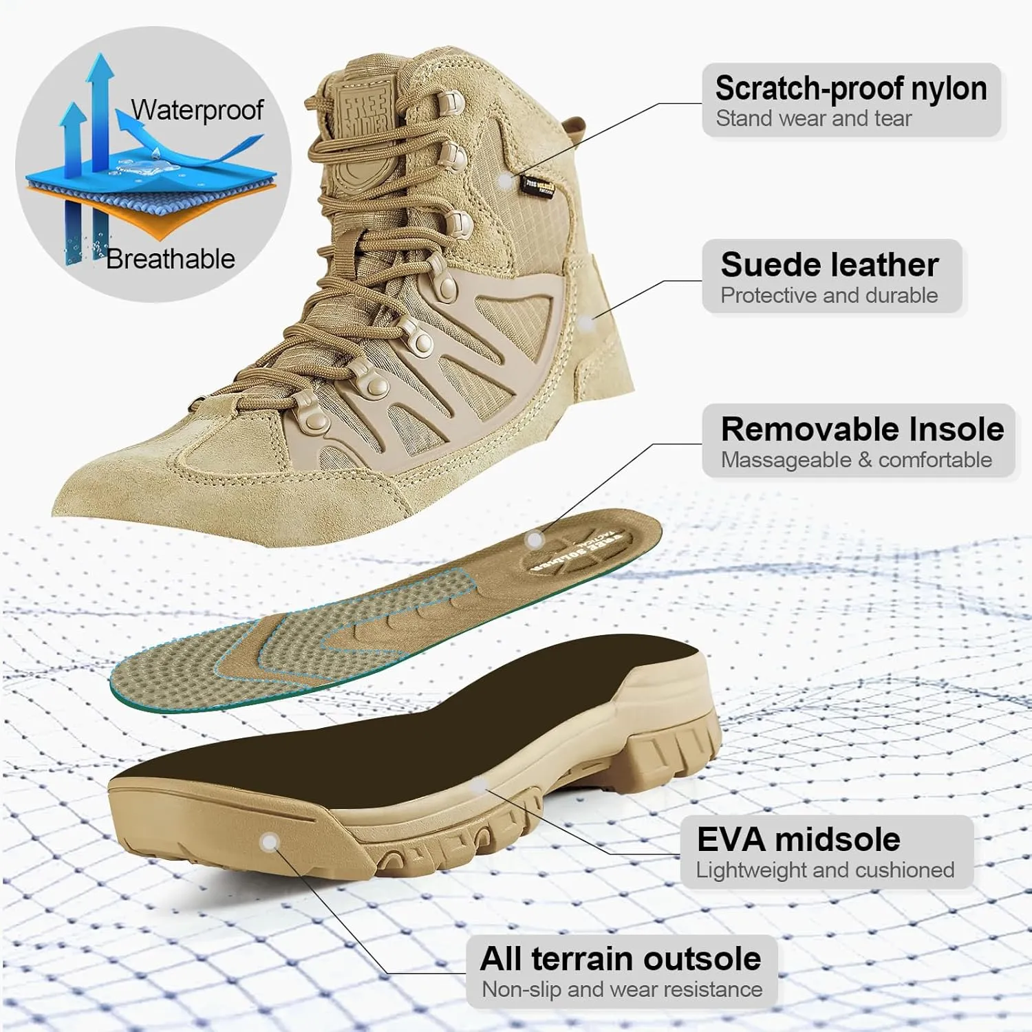 FREE SOLDIER Men's Tactical Waterproof Lightweight Hiking Boots Military Combat Boots Work Boots