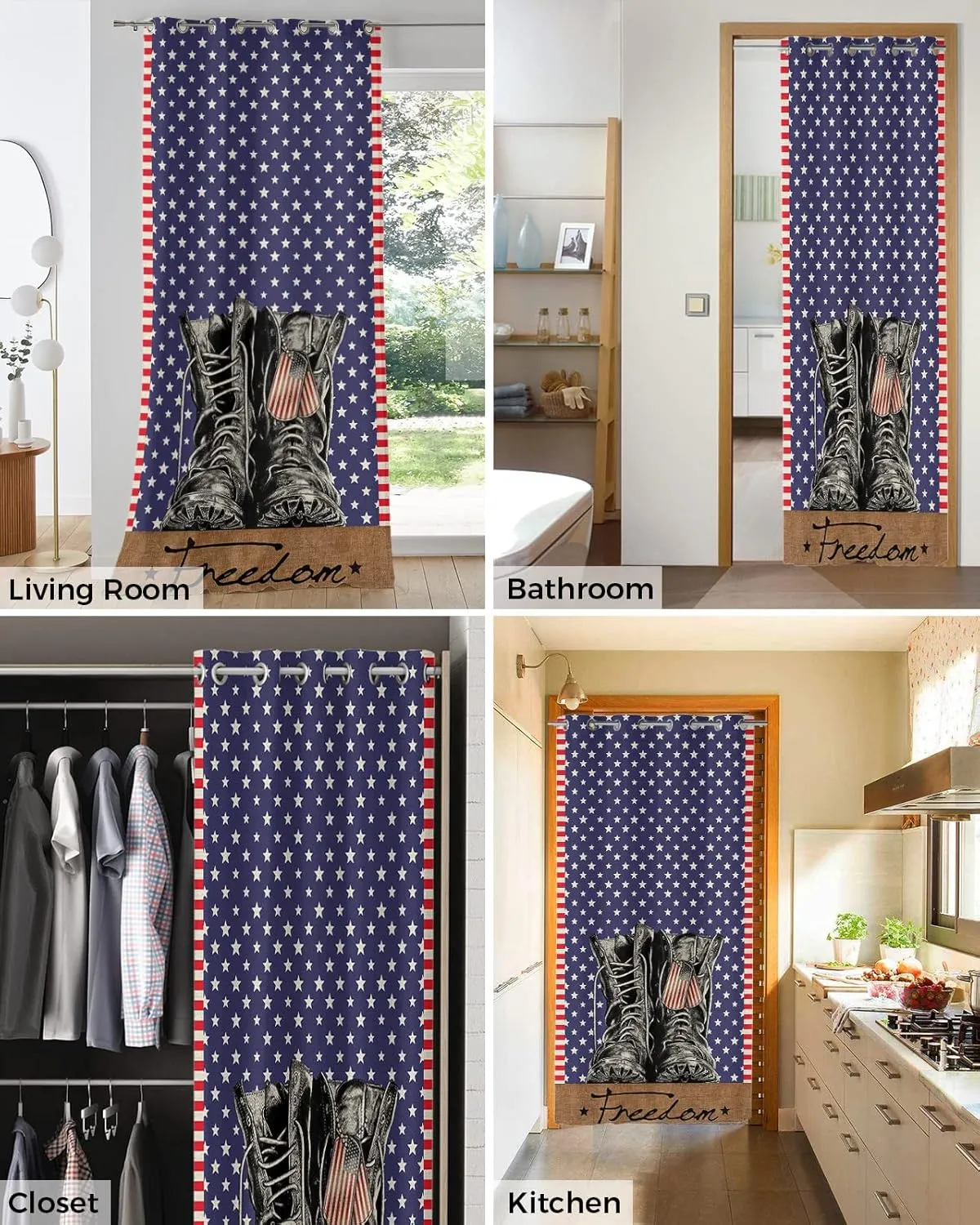 Freedom Boots Blackout Door Curtains for Doorway, Independence Day Stripes Stars Flag Thermal Insulted Doorway Curtains for Closet Living Room Bedroom Decorative Room Divider 54x78