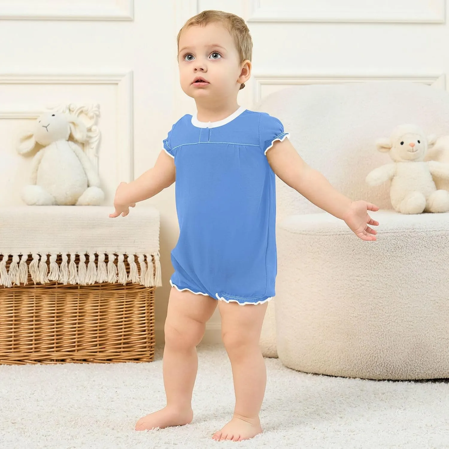 FRODOTGV Blue Plain Toddler Girls 1-Piecing Rompers Ruffle Sleeve Toddler Jumpsuit Cotton Casual Summer Bodysuits 3M