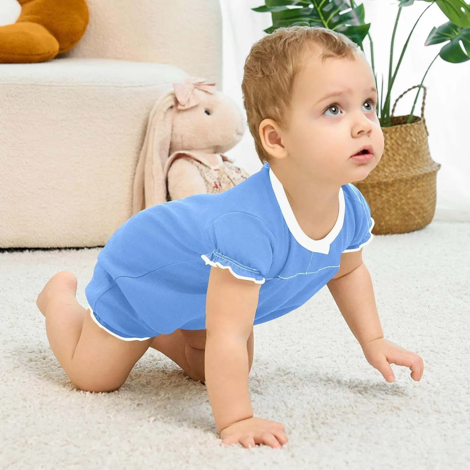 FRODOTGV Blue Plain Toddler Girls 1-Piecing Rompers Ruffle Sleeve Toddler Jumpsuit Cotton Casual Summer Bodysuits 3M