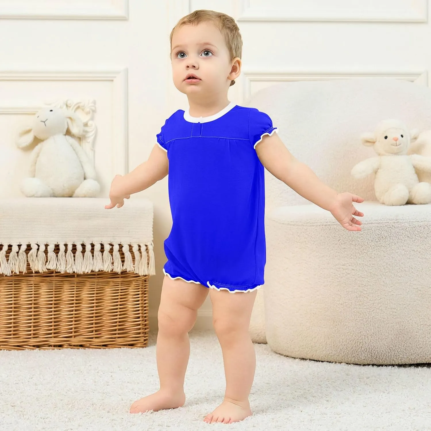 FRODOTGV Bright Blue Plain Toddler Girls Romper Summer Ruffle Sleeve 1-Piecing Jumpsuit Cotton Unisex Bodysuit 3M