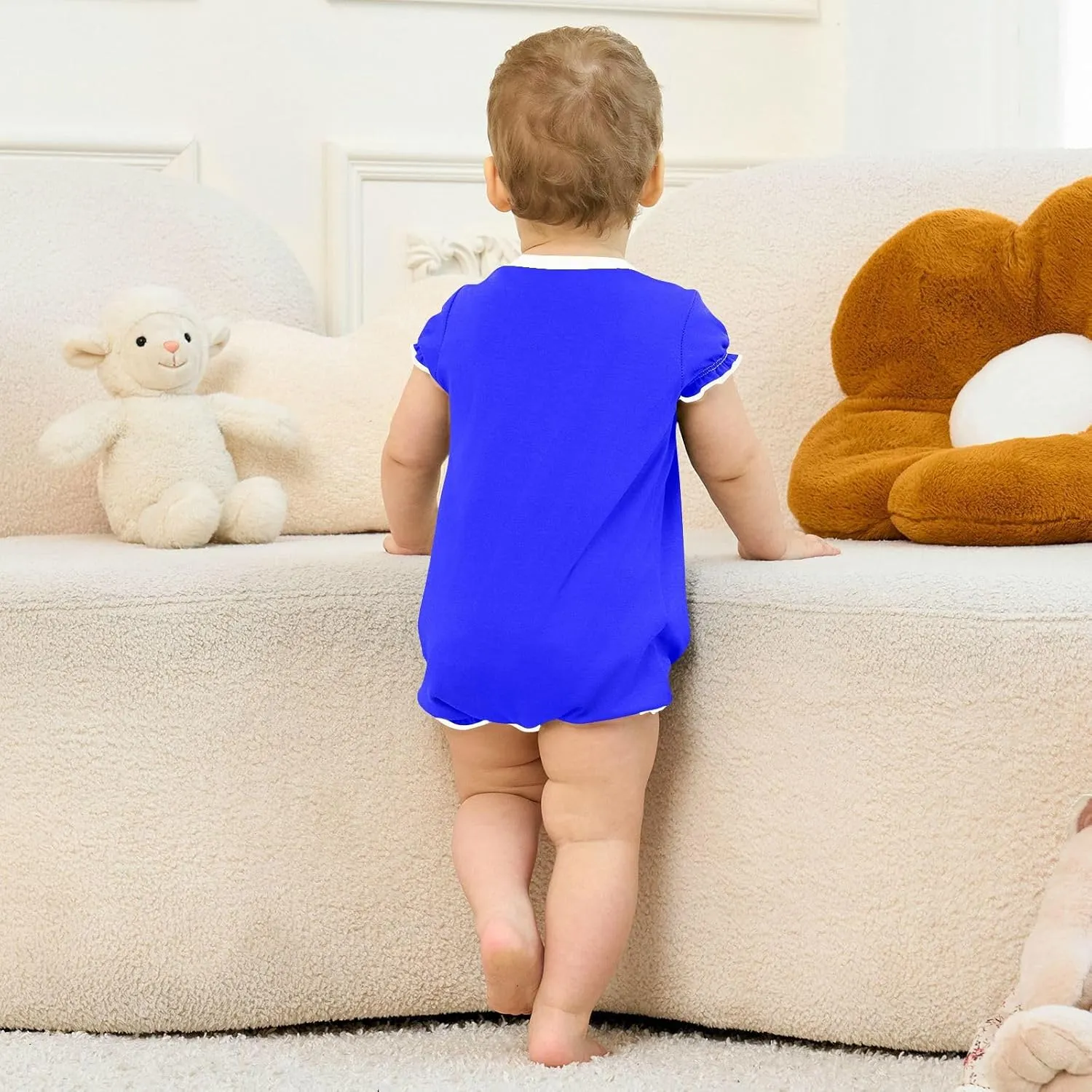 FRODOTGV Bright Blue Plain Toddler Girls Romper Summer Ruffle Sleeve 1-Piecing Jumpsuit Cotton Unisex Bodysuit 3M