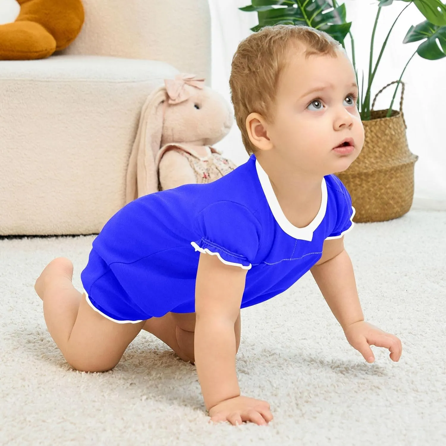 FRODOTGV Bright Blue Plain Toddler Girls Romper Summer Ruffle Sleeve 1-Piecing Jumpsuit Cotton Unisex Bodysuit 3M