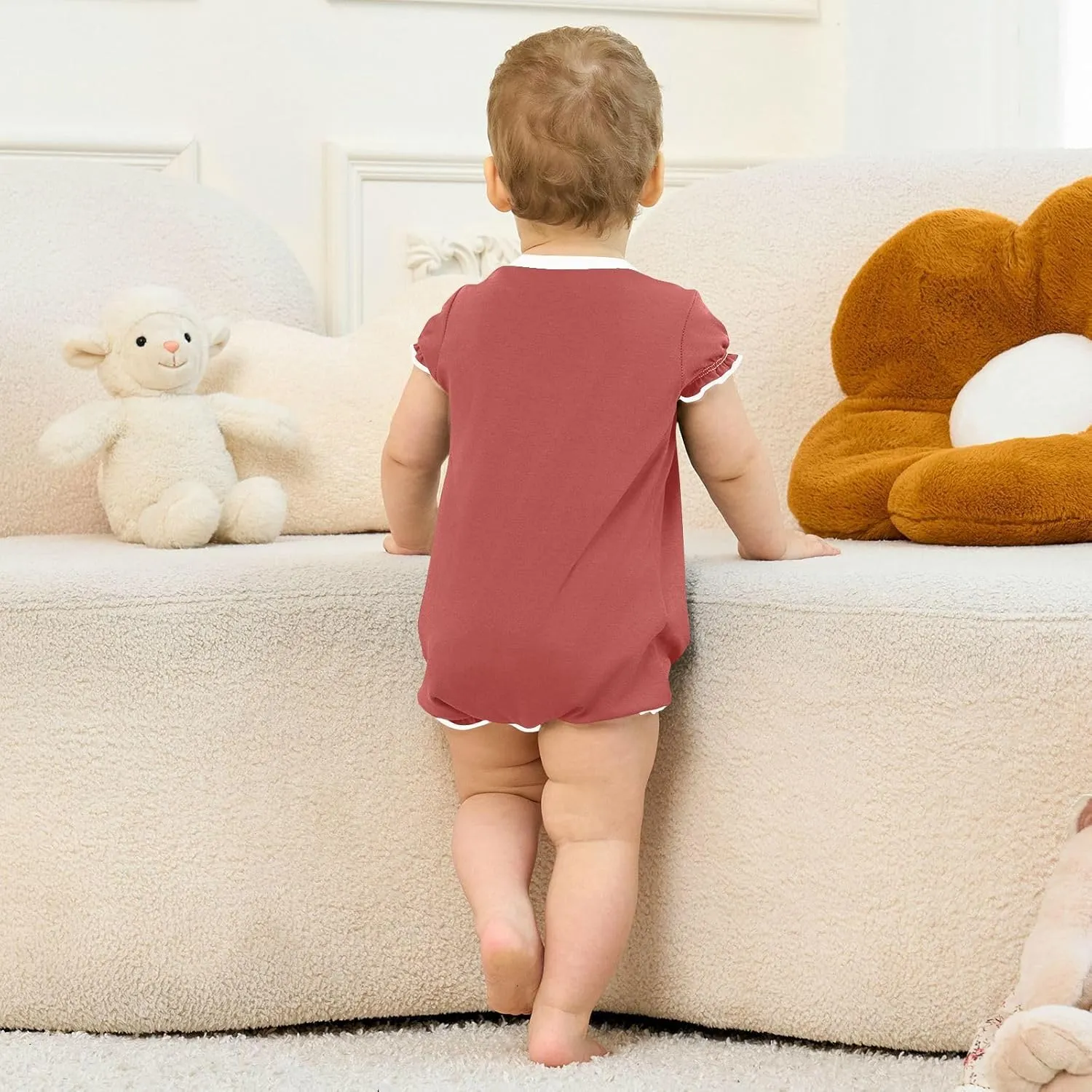 FRODOTGV Dark Red Plain Baby Girl Snap Romper Ruffled Sleeve Summer Outfit Jumpsuit Bodysuits Cotton Cute Clothes 3M
