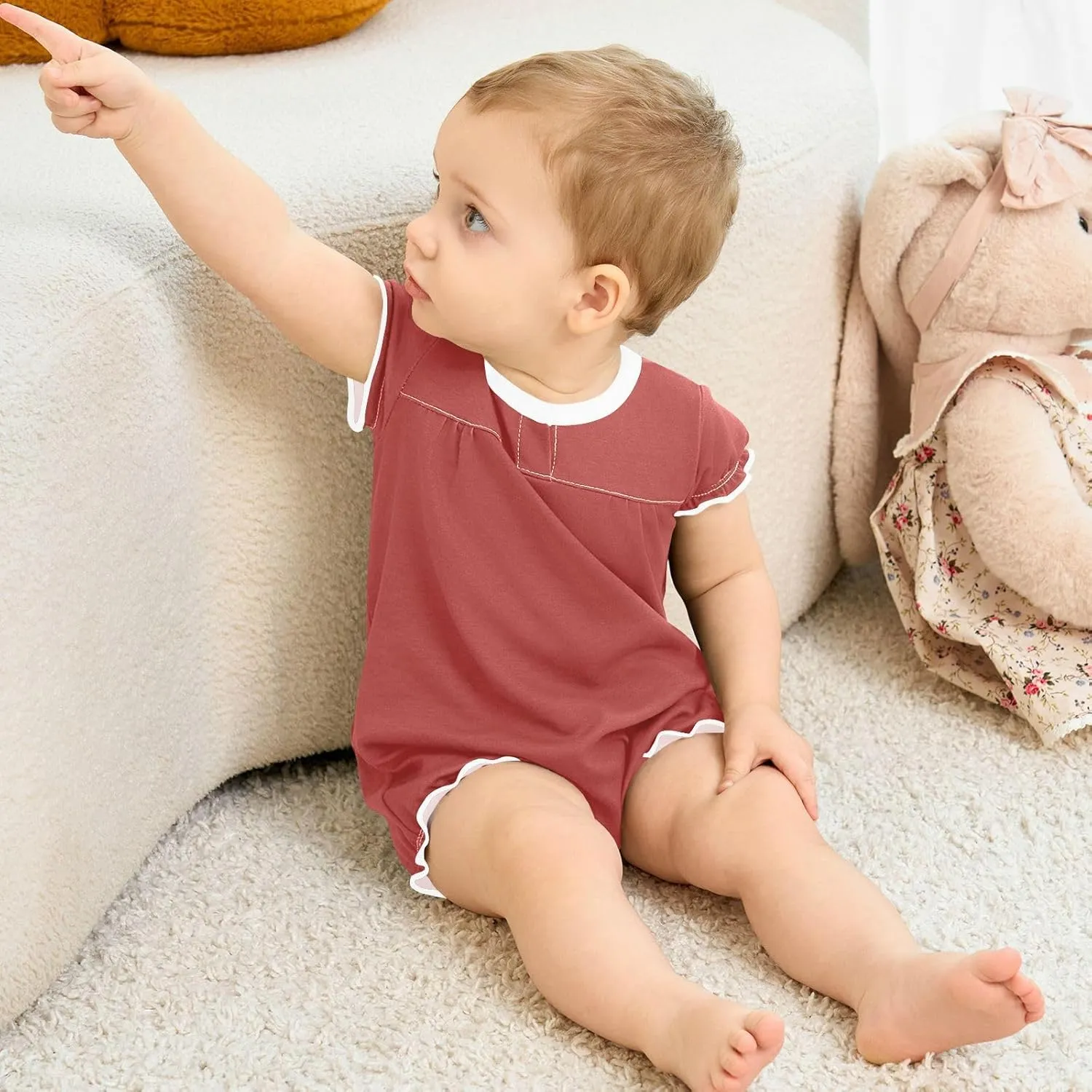 FRODOTGV Dark Red Plain Baby Girl Snap Romper Ruffled Sleeve Summer Outfit Jumpsuit Bodysuits Cotton Cute Clothes 3M