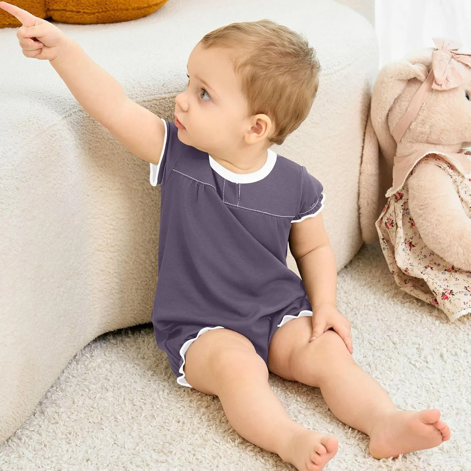 FRODOTGV Dark Violet Plain Toddler Girl Boys Romper Ruffled Sleeve Toddler Jumpsuit Cotton Romper Bodysuit 3M