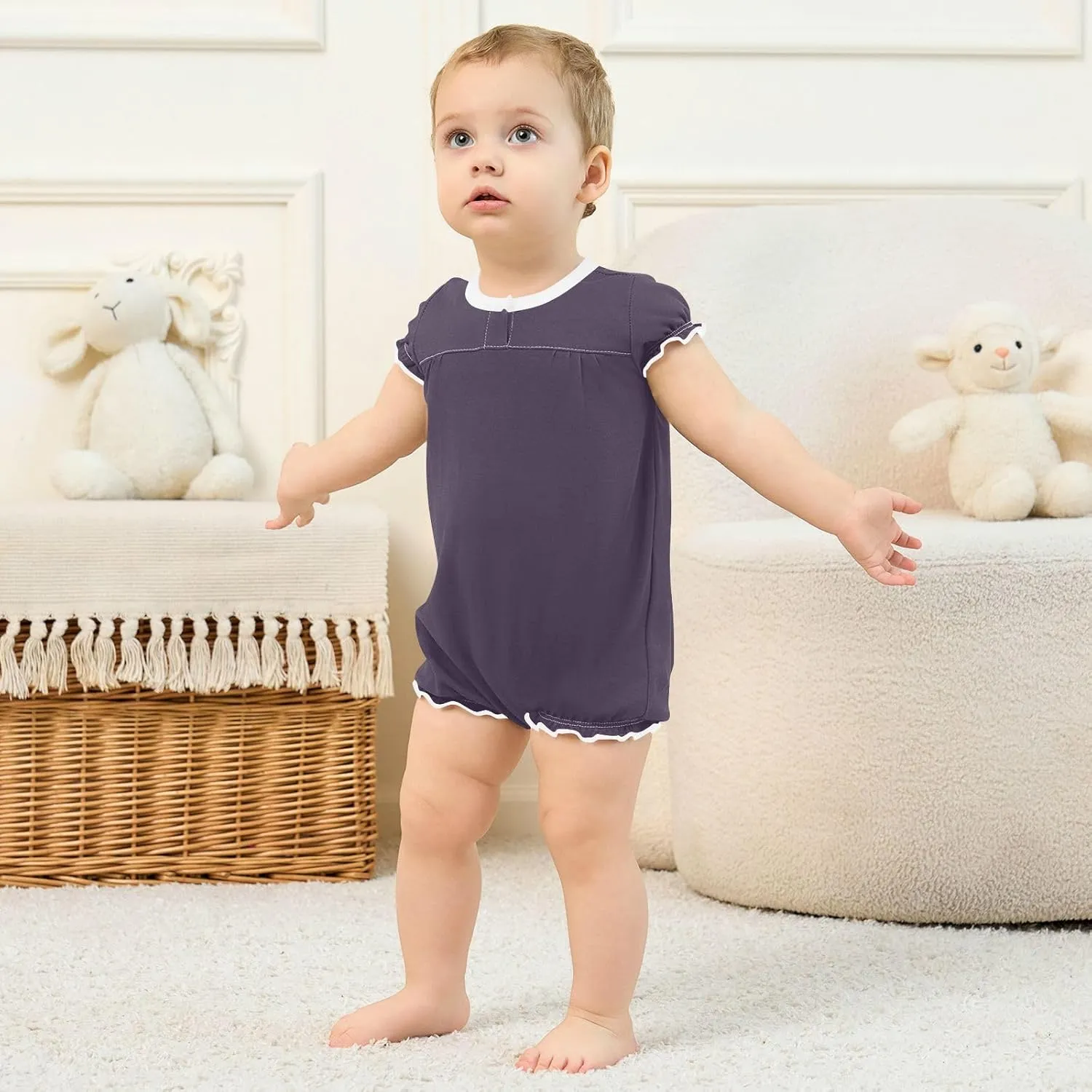 FRODOTGV Dark Violet Plain Toddler Girl Boys Romper Ruffled Sleeve Toddler Jumpsuit Cotton Romper Bodysuit 3M