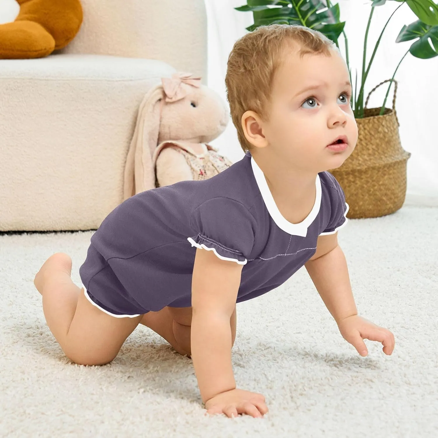 FRODOTGV Dark Violet Plain Toddler Girl Boys Romper Ruffled Sleeve Toddler Jumpsuit Cotton Romper Bodysuit 3M
