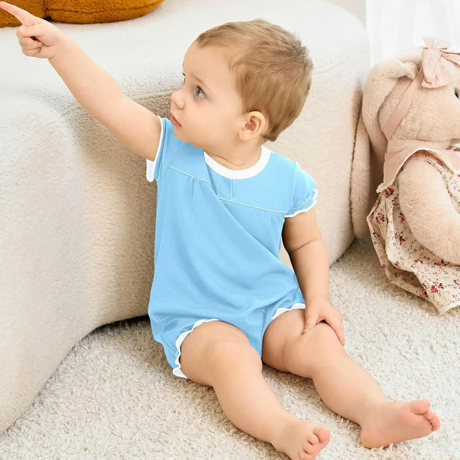 FRODOTGV Light Blue Plain Toddler Girls Infant Rompers Ruffled Sleeve Bodysuit Jumpsuit Cotton Casual Summer Bodysuits 3M