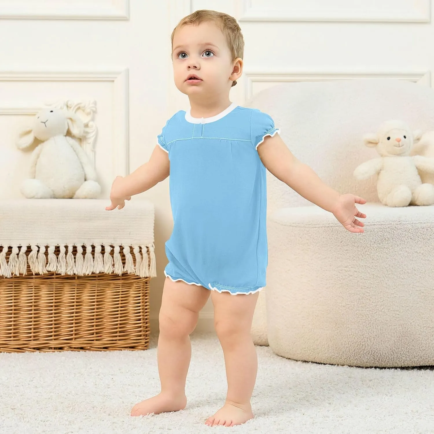 FRODOTGV Light Blue Plain Toddler Girls Infant Rompers Ruffled Sleeve Bodysuit Jumpsuit Cotton Casual Summer Bodysuits 3M