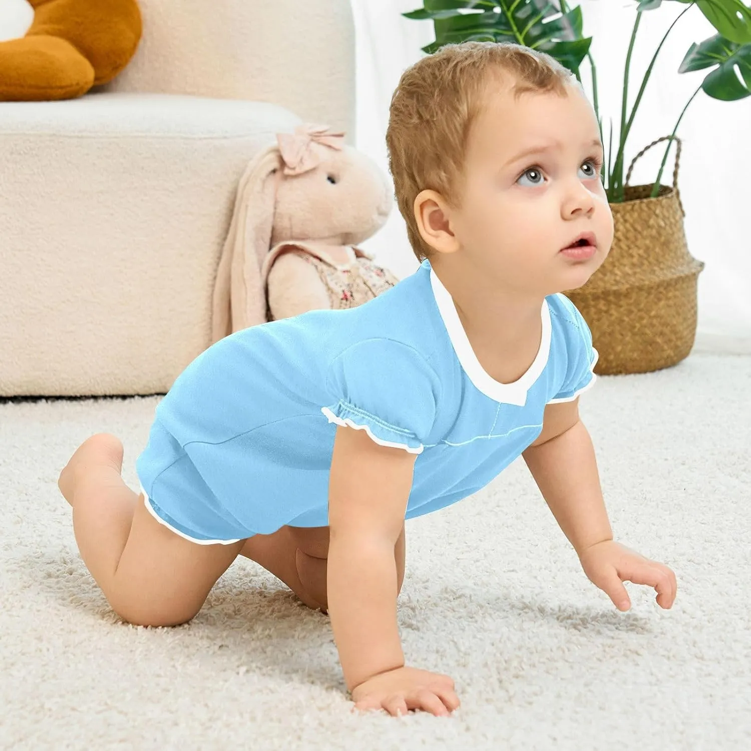 FRODOTGV Light Blue Plain Toddler Girls Infant Rompers Ruffled Sleeve Bodysuit Jumpsuit Cotton Casual Summer Bodysuits 3M