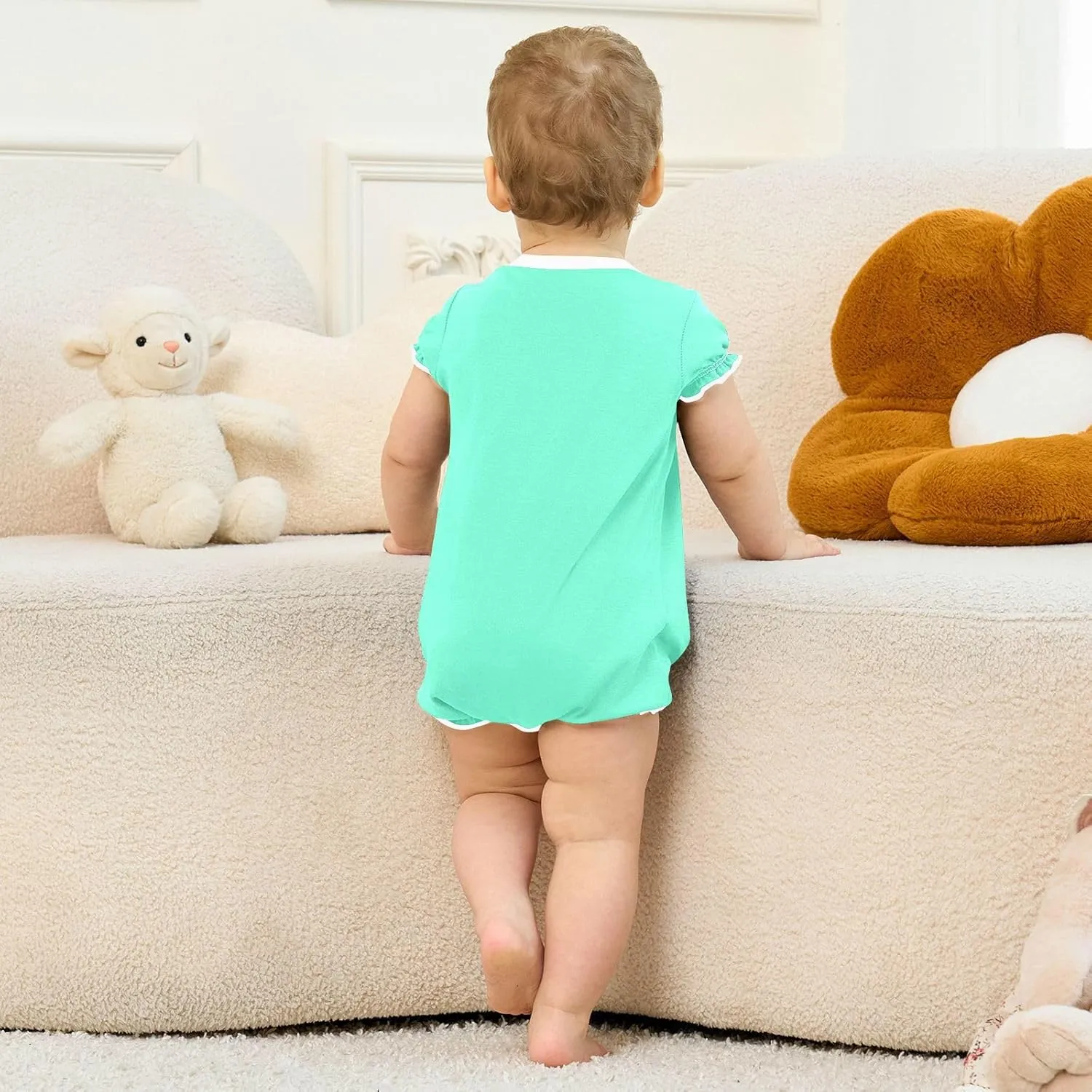 FRODOTGV Mint Green Plain Baby Girls Bubble Rompers Ruffle Sleeve Bubble Bodysuit Jumpsuit Cotton Clothes Outfits 3M