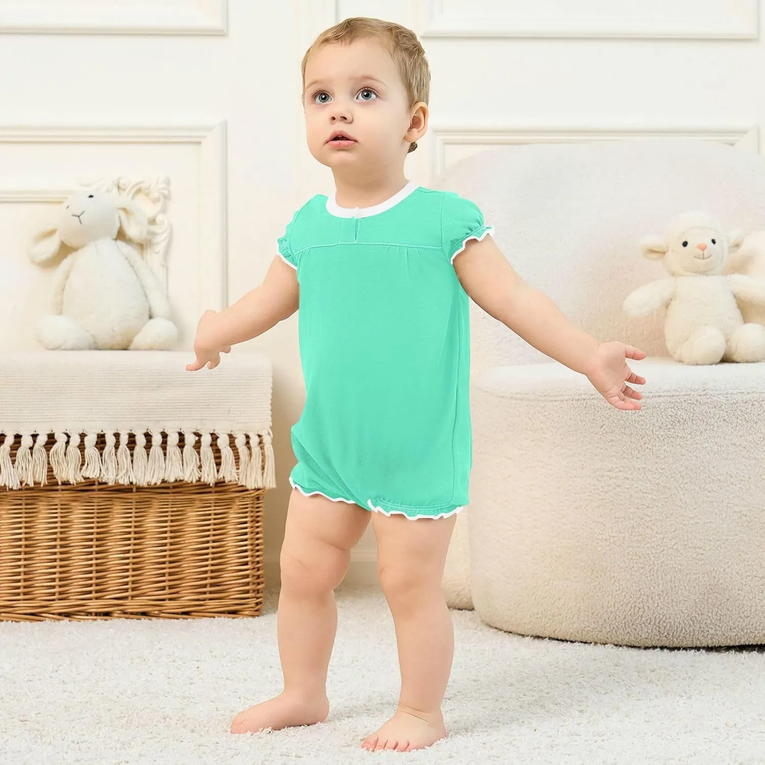 FRODOTGV Mint Green Plain Baby Girls Bubble Rompers Ruffle Sleeve Bubble Bodysuit Jumpsuit Cotton Clothes Outfits 3M