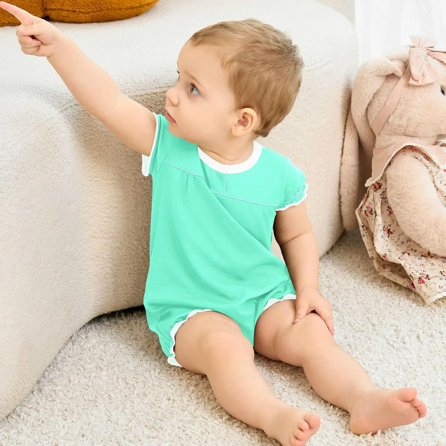 FRODOTGV Mint Green Plain Baby Girls Bubble Rompers Ruffle Sleeve Bubble Bodysuit Jumpsuit Cotton Clothes Outfits 3M